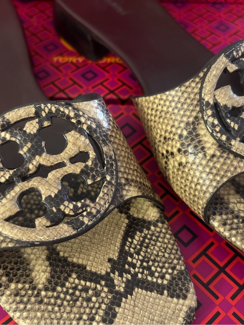 Women’s Snakeskin-Print Slide Mules in Beige and Black 5 times worn.